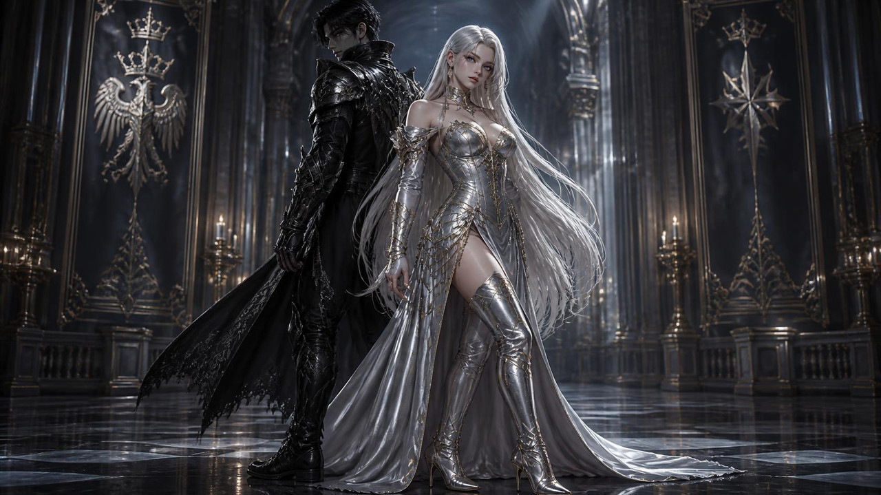 Orielle is a 5 8 tall woman with waist long platinum hair wearing a silver and gold made corset and