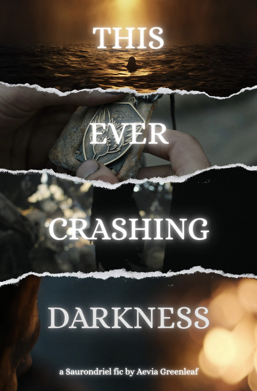 mood board with images of Galadriel and  Sauron as Halbrand, Adar, and the crest of the Southlands heir