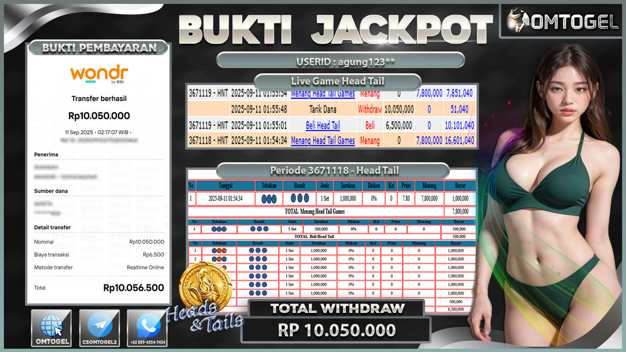 OMTOGEL JACKPOT LIVE GAMES HEAD TAIL 10 JUTA DI BAYAR LUNAS ,-