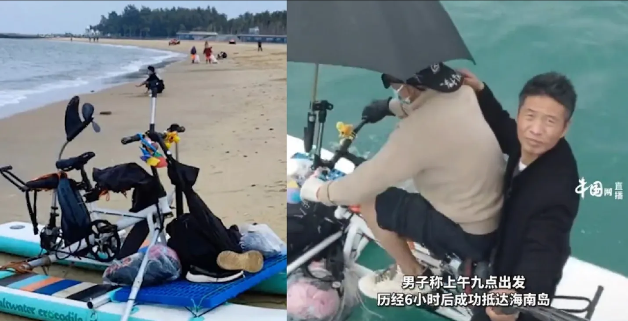 Hombres cruzan el mar pedaleando, no les alcanzó para el pasaje en China