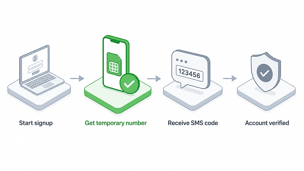 Flow of verifying a new Gmail account using a temporary virtual number