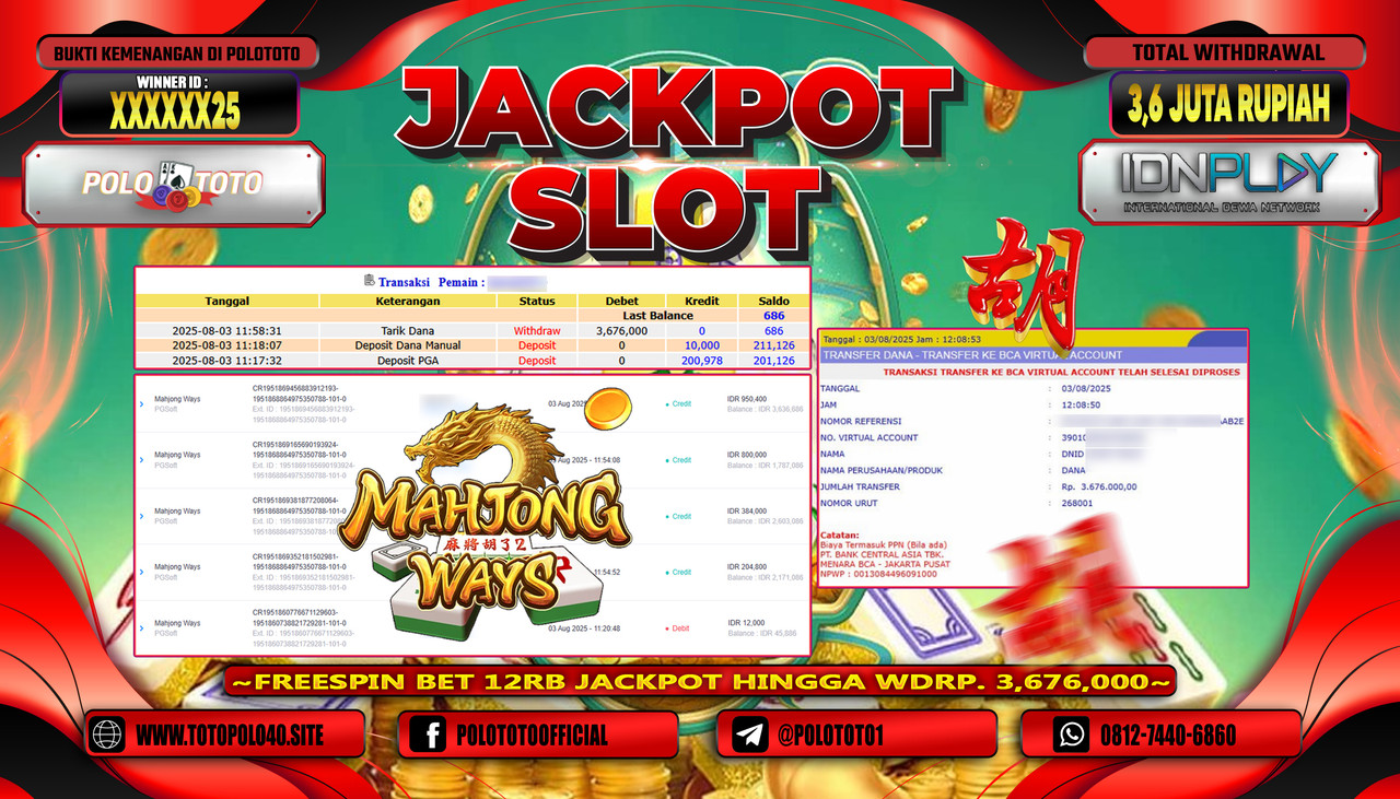 POLOTOTO JACKPOT SLOT MAHJONG WAYS Rp.3.600.000,-LUNAS