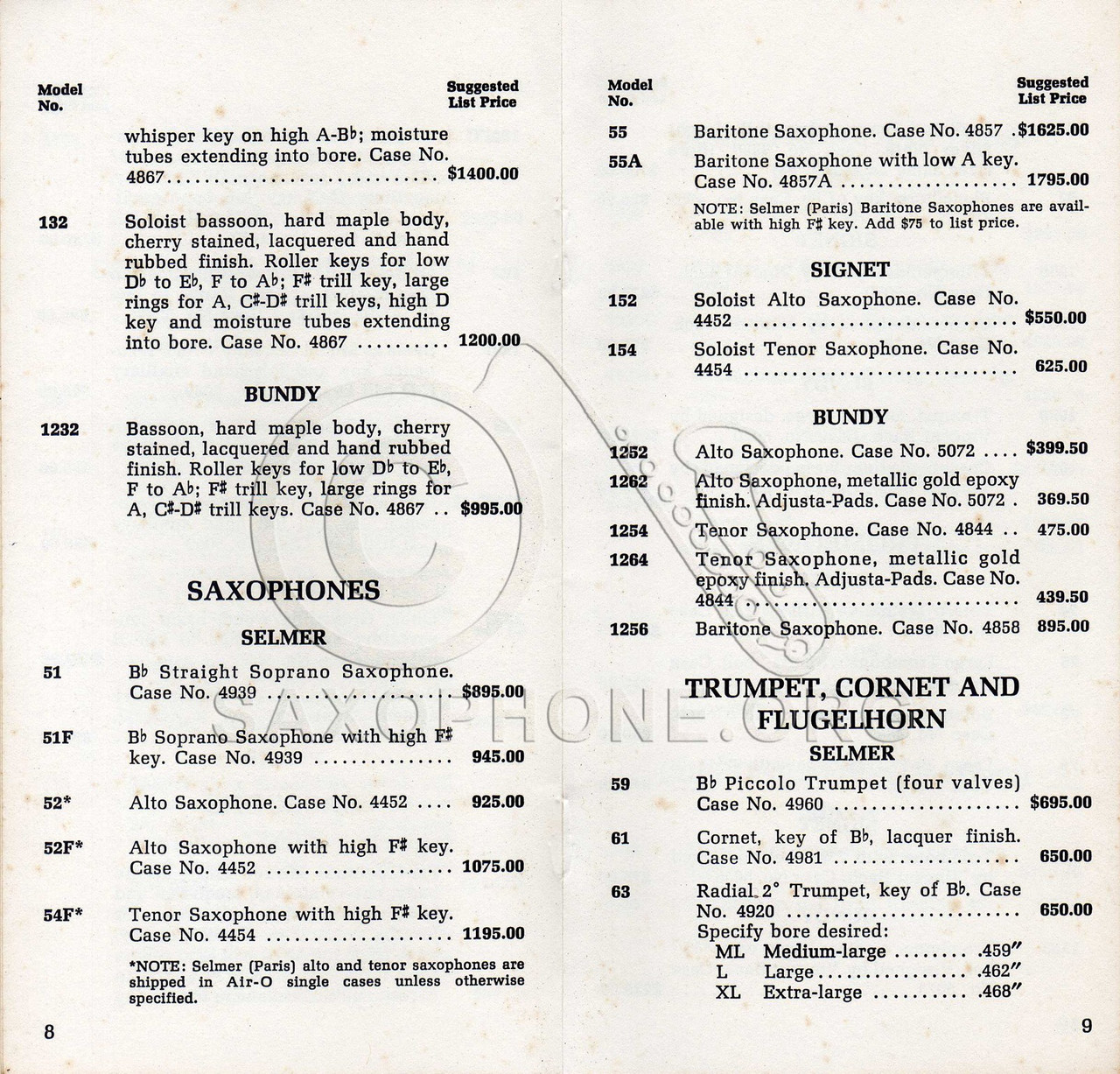 1975 trumpet price list shows 3 bores available for radial