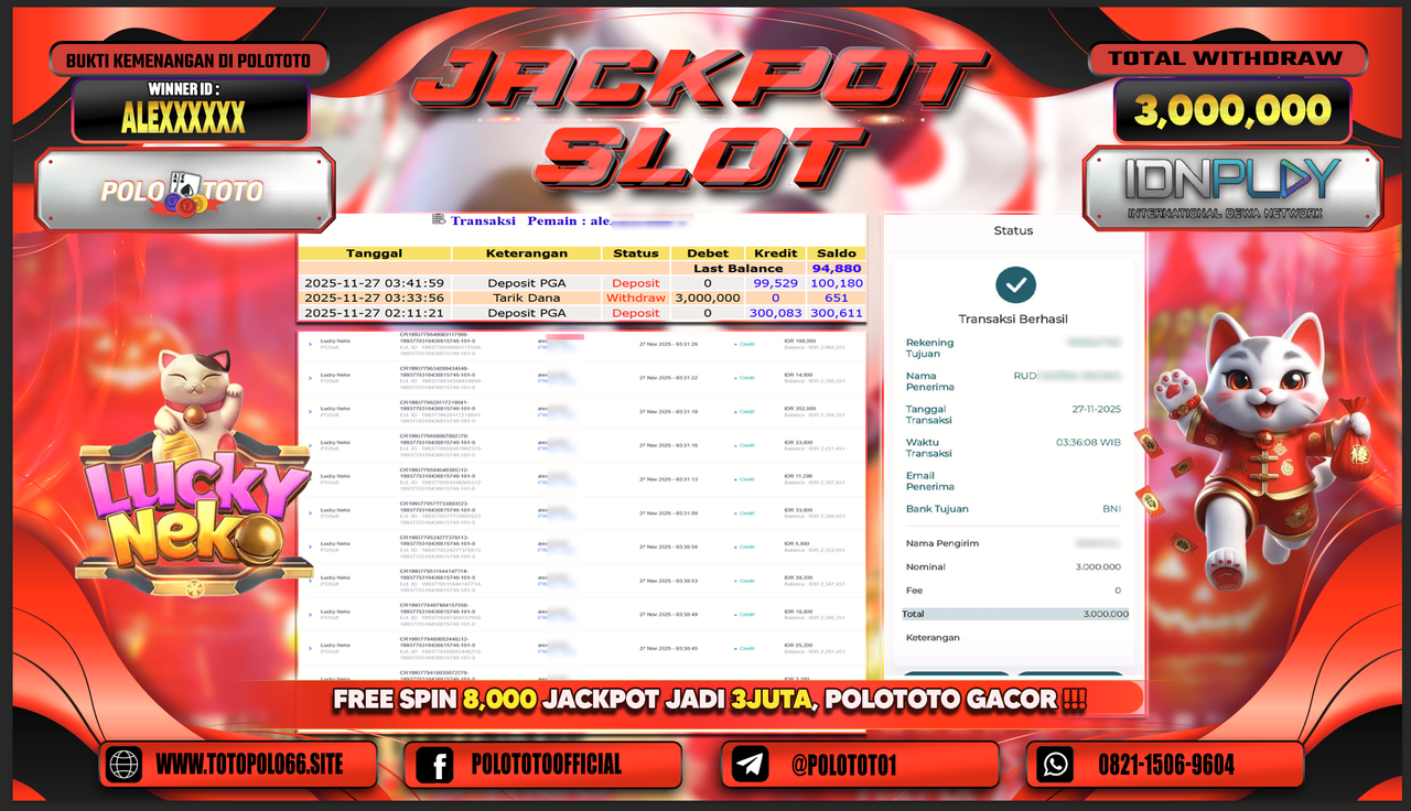 POLOTOTO JACKPOT SLOT LUCKY NEKO Rp.3.000.000,- LUNAS