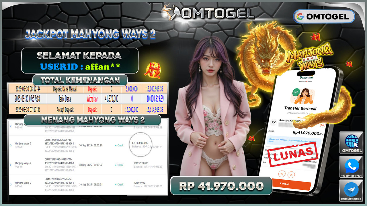 OMTOGEL JACKPOT PGSOFT MAHJONG WAYS 2 41 JUTA DI BAYAR LUNAS ,-