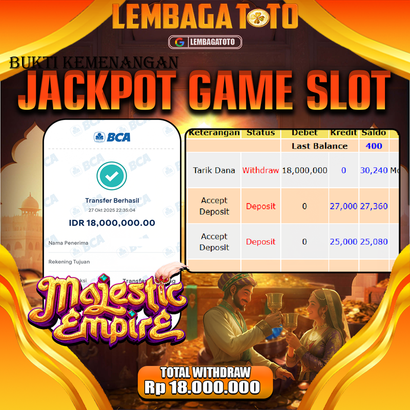 BUKTI JACKPOT 28 OCTOBER LEMBAGATOTO MAJESTIC EMPIRE Rp.18.000.000,- LUNAS