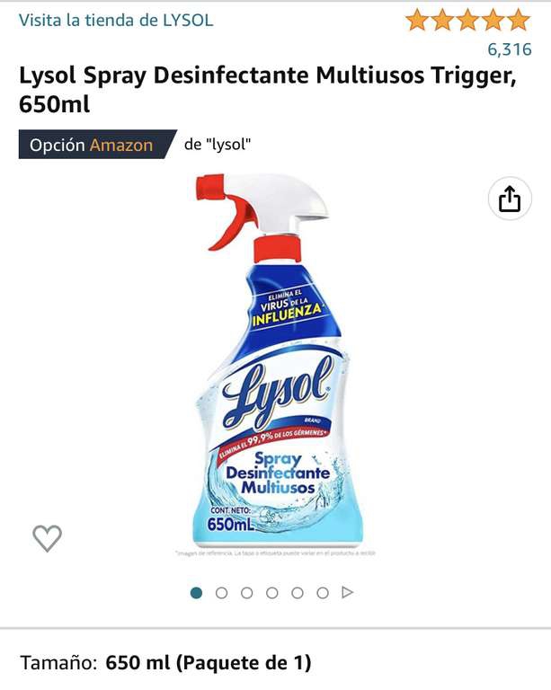 Amazon: Lysol Spray Desinfectante Multiusos Trigger, 650ml | Planea y Ahorra, envío gratis con Prime 
