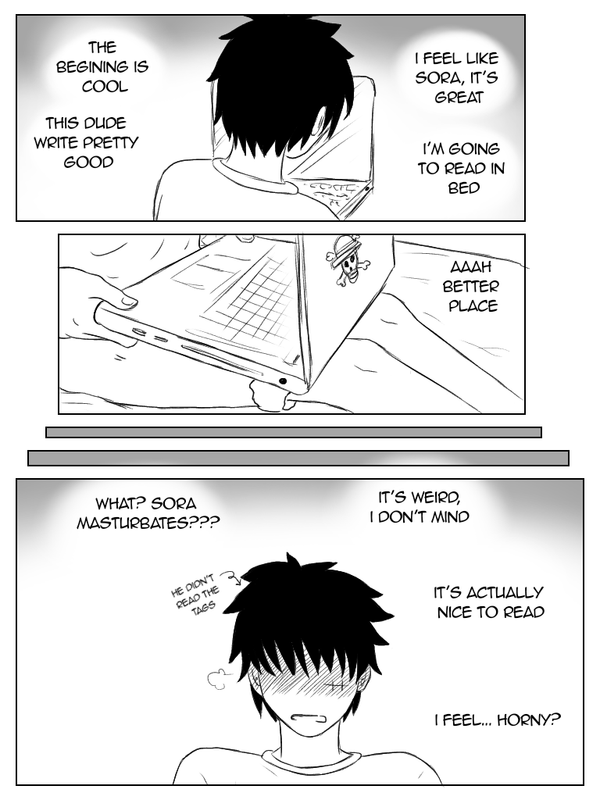 Page 4. Luffy gets pulled in by this guy’s writing and settles more comfortably in bed to read. Time passes until he realizes that in the fic, Sora is masturbating (Luffy didn’t check the tags). Strangely enough, it doesn’t bother him: it turns him on.