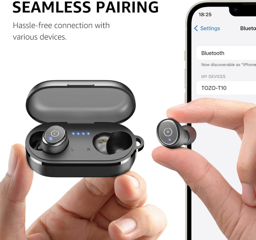 TOZO T10 earbuds side view showing sleek design