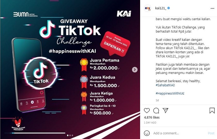 PT Kereta Api Indonesia (Persero) menggelar TikTok challenge dengan hadiah total mencapai RP 8 juta.