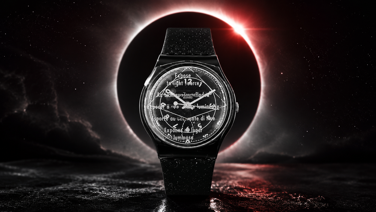Vintage black Swatch Solar watch displayed against a dramatic solar eclipse background