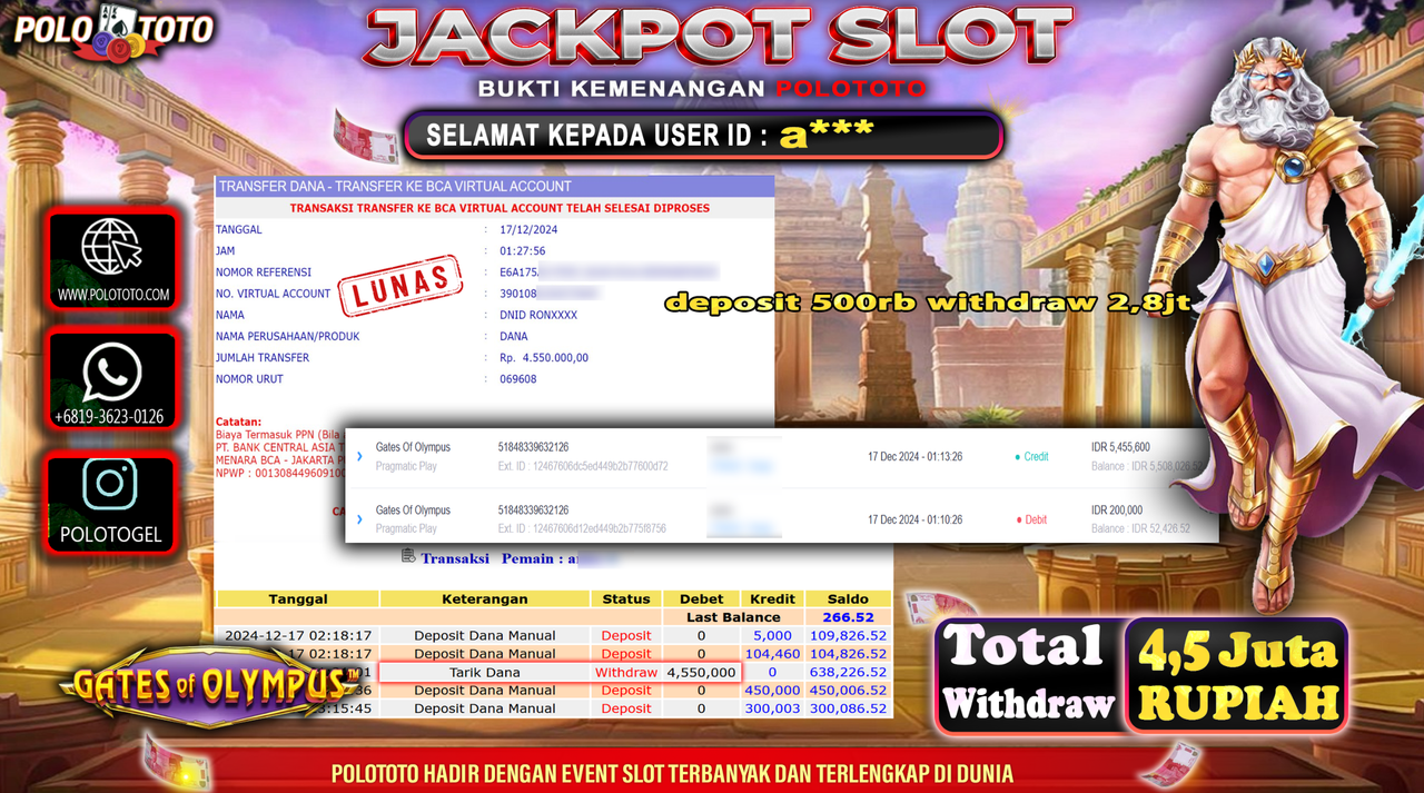 POLOTOTO JACKPOT SLOT GATES OF OLYMPUS Rp.4,550.000,-