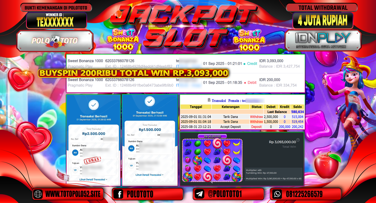 POLOTOTO JACKPOT SLOT SWEET BONANZA 1000 Rp.4.000.000,-
