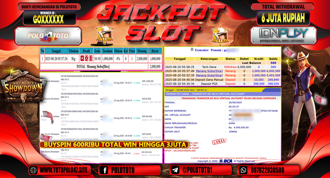 POLOTOTO JACKPOT SLOT WILD BOUNTY SHOWDOWN Rp.6.000.000,-