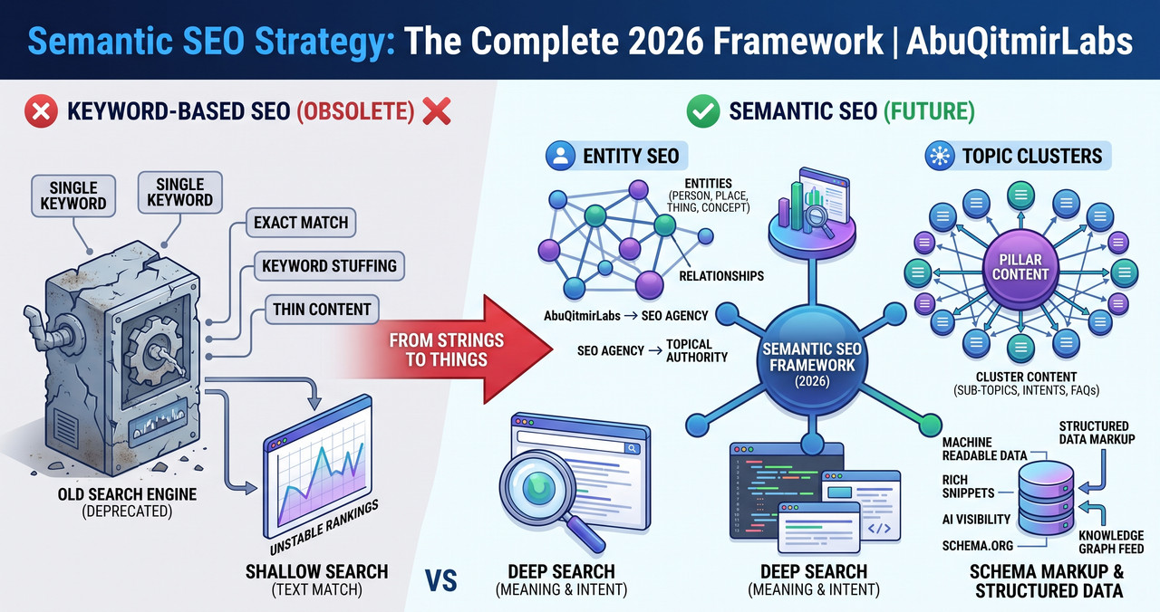Infographic comparing obsolete keyword-based SEO — single keywords, exact match, keyword stuffing, thin content — against a 2026 semantic SEO framework built on entity SEO, topic clusters, pillar content, and schema markup, titled "Semantic SEO Strategy: The Complete 2026 Framework" by AbuQitmirLabs
