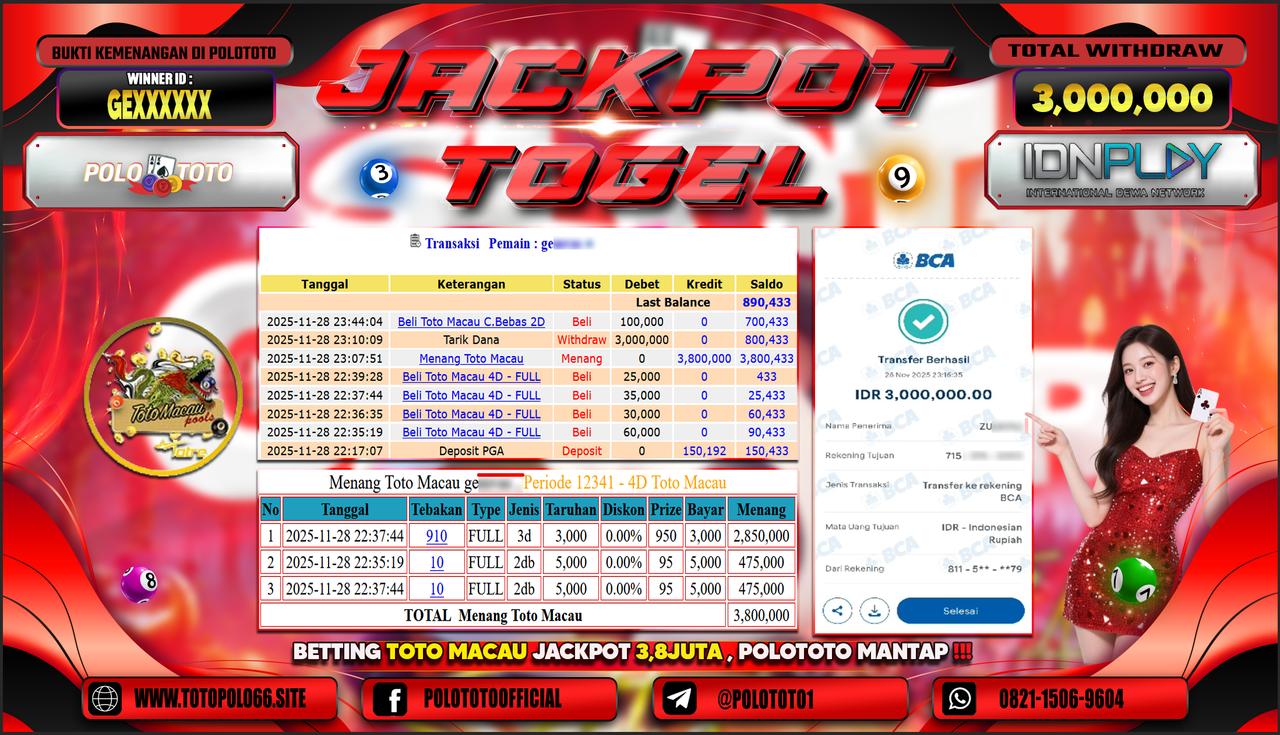 POLOTOTO JACKPOT TOGEL MENANG MENANG TOTO MACAU Rp.3.000.000,- LUNAS