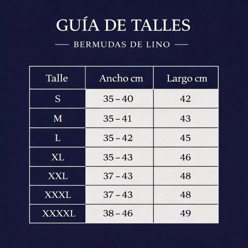 Tabla de talles bermudas ZINK GLOBAL