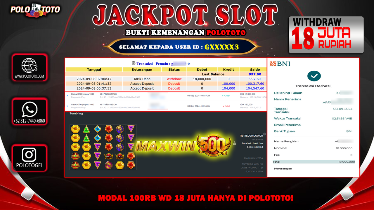 POLOTOTO JACKPOT SLOT GATES OF OLYMPUS 1000 Rp.18.000.000,- LUNAS