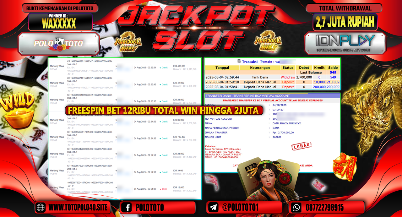 POLOTOTO JACKPOT SLOT MAHJONG WAYS Rp.2.700.000,-LUNAS