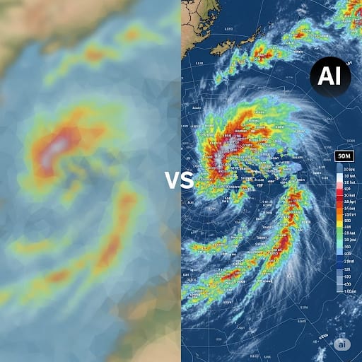 Conceptual image of AI analyzing complex weather data from various sources.