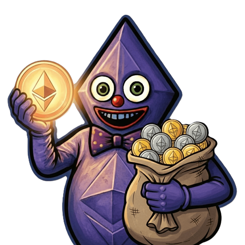 Mr Etherium character holding cryptocurrency coins