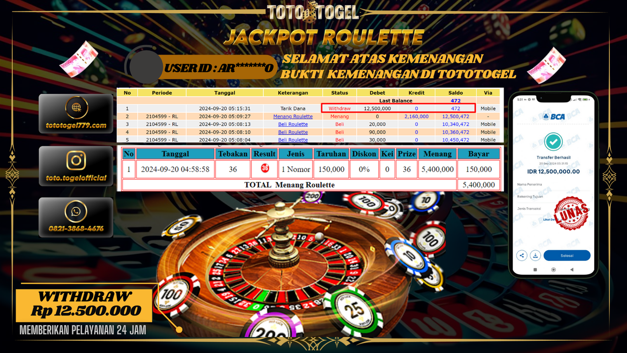 Bukti Kemenangan Permainan Live Game Roulette Dengan ID : AR*****0 Terbayar Lunas!!