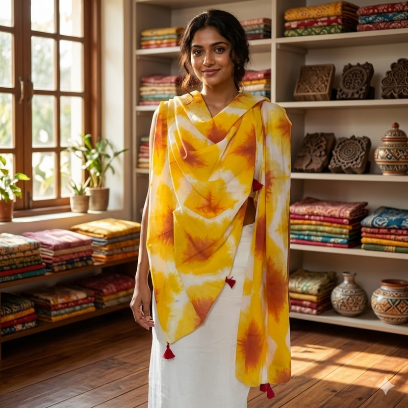 Yellow Burst Handcrafted Tie & Dye MulMul Cotton Dupatta