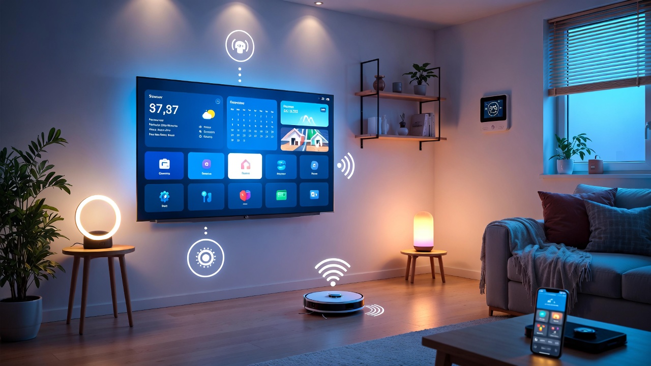 Smart home automation overview showing connected devices in a modern living room in 2026