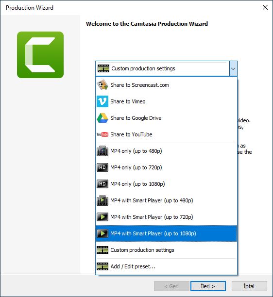 camtasia kaydetme formatı seçimi