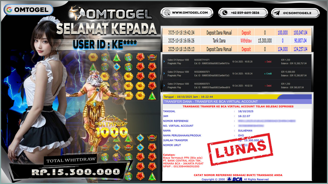 OMTOGEL JACKPOT PRAGMATIC PLAY GATES OF OLYMPUS 1000 15 JUTA DI BAYAR LUNAS ,-