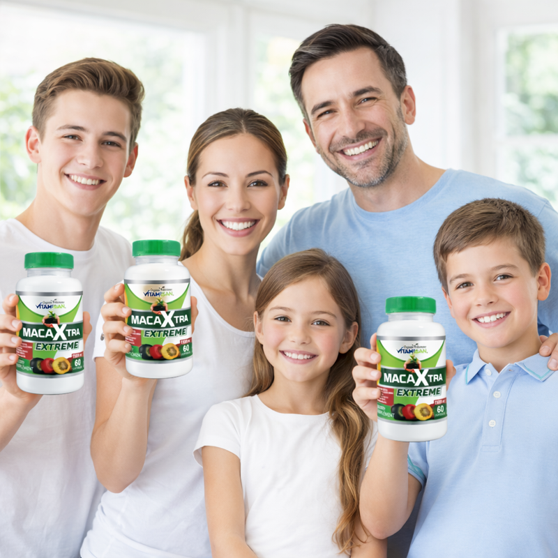 Family holding MacaXTRA Extreme bottles