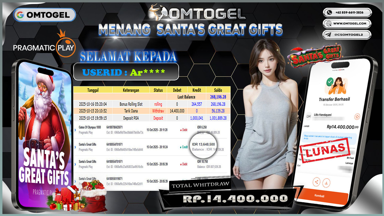 OMTOGEL JACKPOT PRAGMATIC PLAY SANTAS GREAT GIFTS 14 JUTA DI BAYAR LUNAS ,-