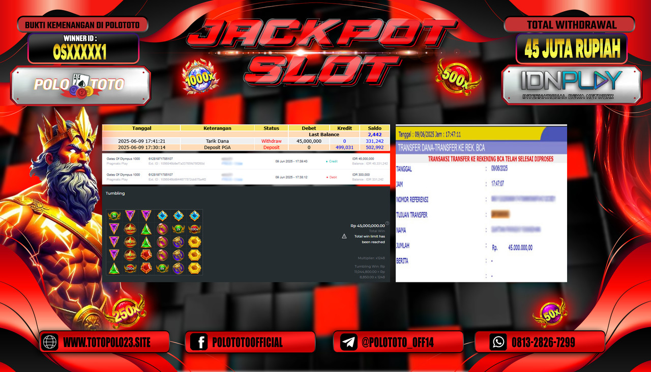 POLOTOTO JACKPOT SLOT GATES OF OLYMPUS 1000 Rp.45.000.000,- LUNAS
