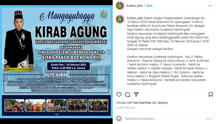 Penyelenggaraan Kirab Agung Keraton Kasunanan Surakarta dalam rangka Tingalandalem Jumenengan ke - 19 tahun SISKS Pakoe Boewono XIII.