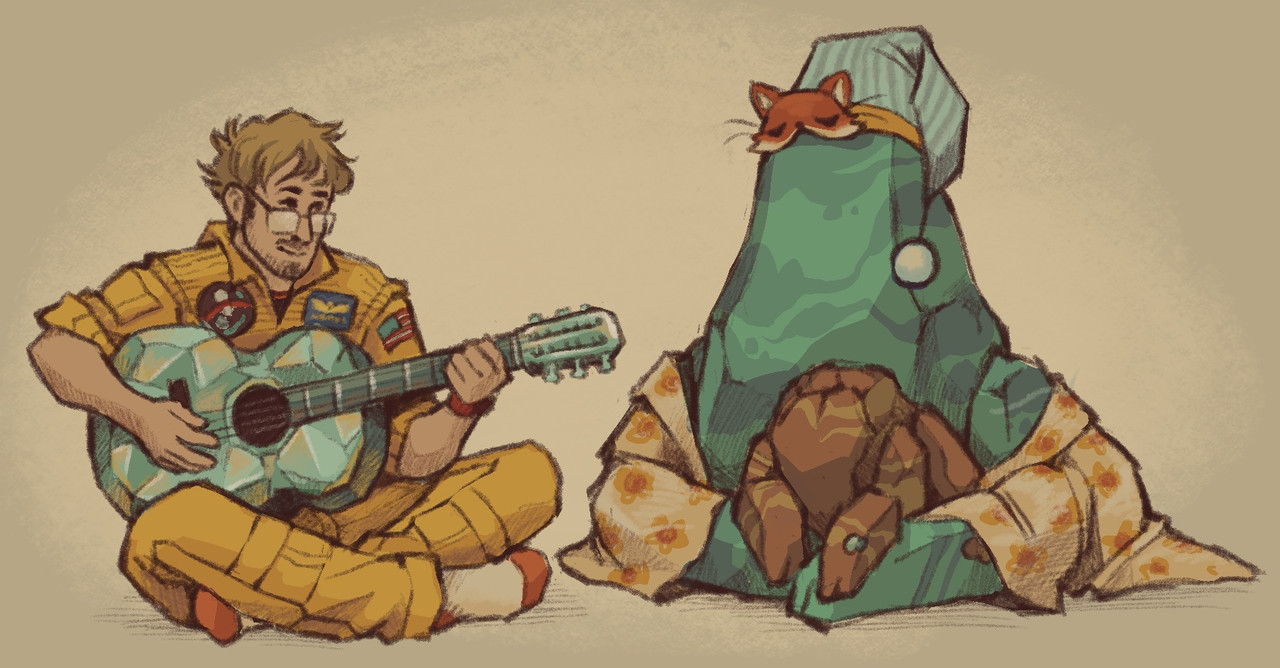 Illustration of Grace playing a crystalline acoustic guitar beside Rocky and Adrian. Adrian is wearing a yellow floral robe, a blue striped cap, and a fox eye mask. Rocky, about half their size, sits in their lap with his legs draped over theirs.