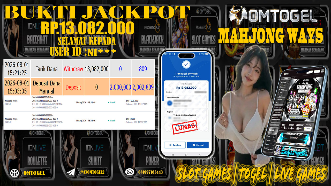 OMTOGEL JACKPOT PG SOFT MAHJONG WAYS Rp,13,082,000,- DIBAYAR LUNAS