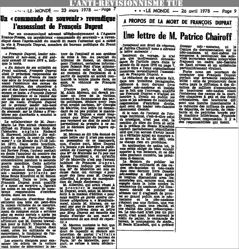 Holocaust - Le Monde - March 1978 - L'anti-révisionnisme tue - assassinat de François Duprt par un c
