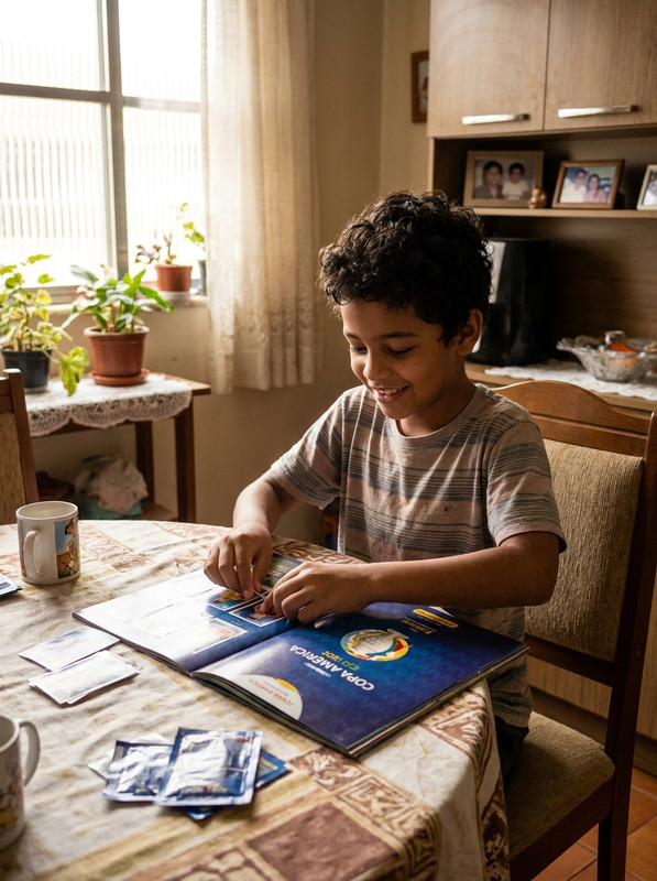 Criança colando figurinha luz dourada
