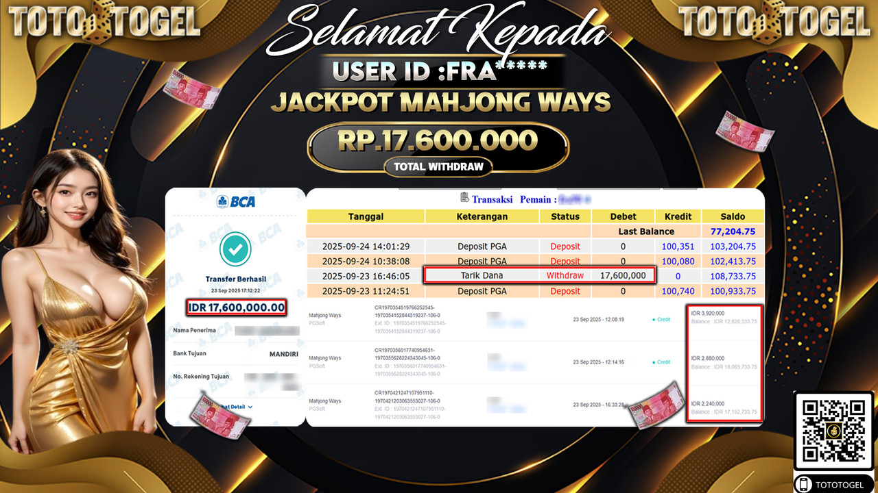 Bukti Pembayaran Jackpot Permainan Slot Mahjong Ways  ID:FRA*** LUNAS