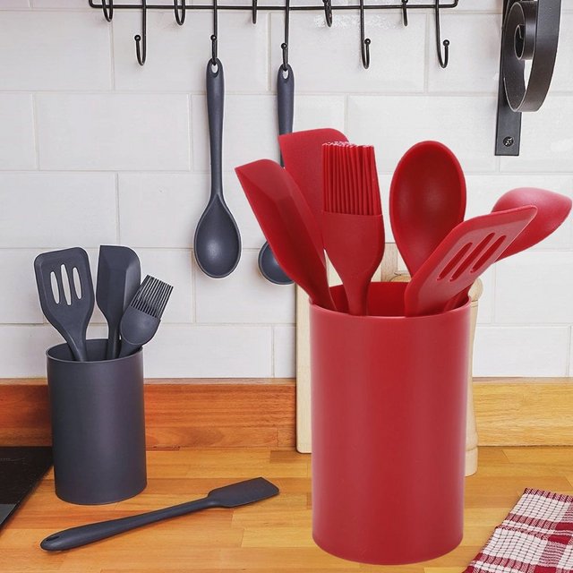 Conjunto de Utensílios de Silicone Vermelho 6 Peças com Suporte – Casual Home