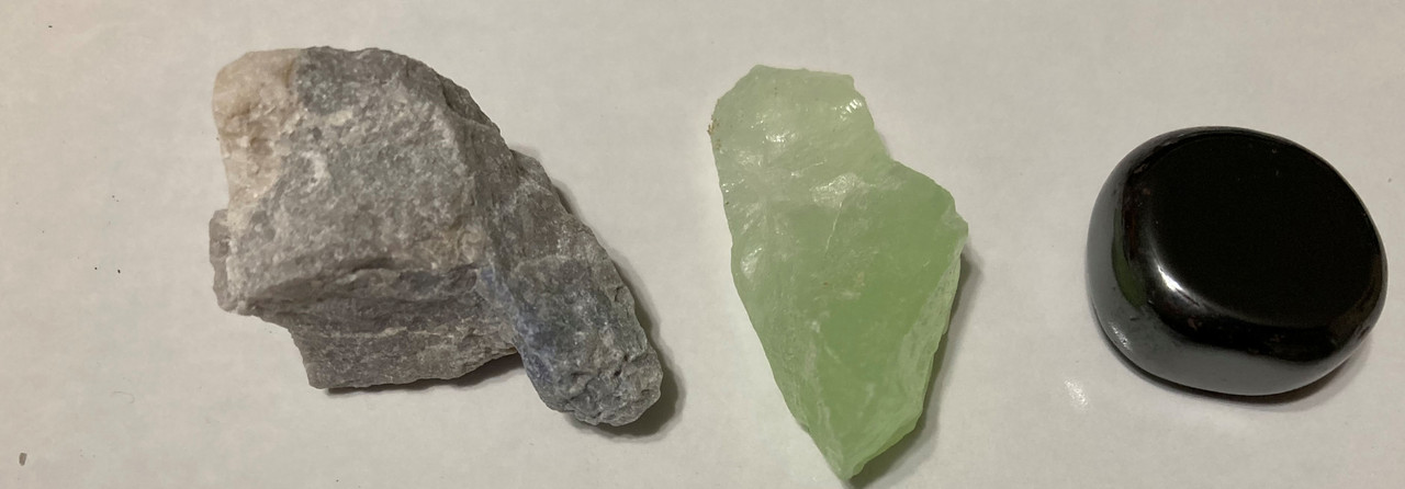 Raw Dumortierite, Raw Green Banded Onyx,Tumbled Magnetic Hematite, information sheet