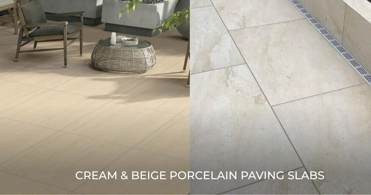 Cream and beige porcelain paving slabs in a sun-lit terrace sitting area with a mesh coffee table and outdoor chair. The light-toned slabs offer an elegant surface for garden patios and outdoor living spaces.