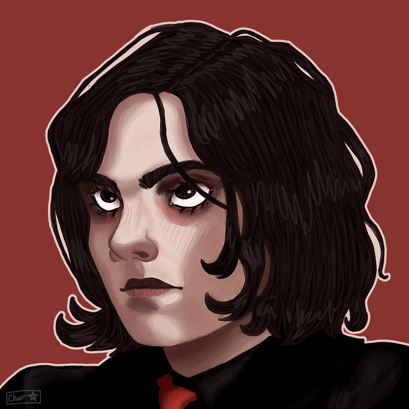 A digital painting of revenge era Gerard Way. He looks up with an intense expression, a calm fury. He wears intense black and red eye makup and his hair messily falls over his face. The brushstrokes of the piece are emphasized, and he is shaded with screentone on top of painted shading.