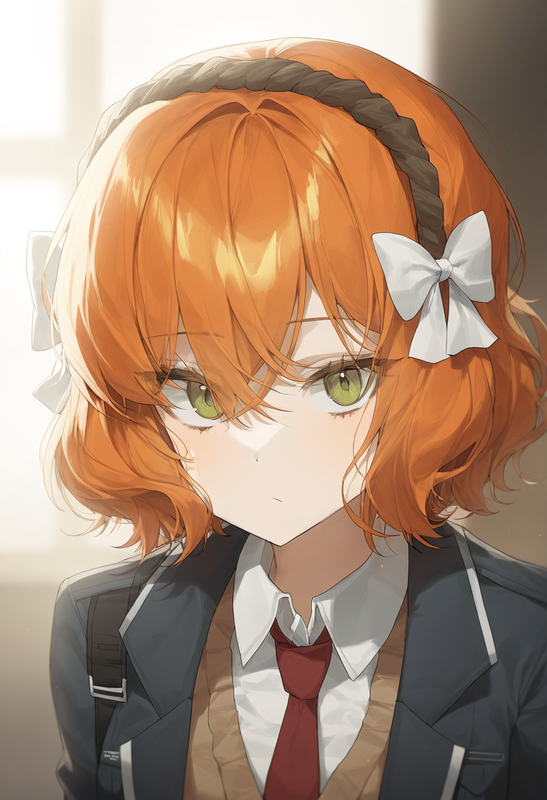 depth of field, 1girl, ishmael (limbus company), short hair, orange hair, {{gree s-186882255