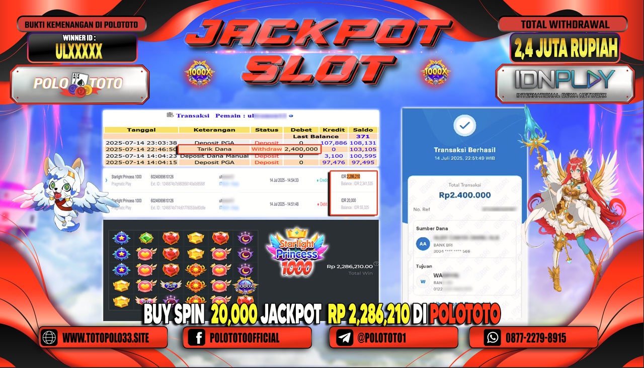 POLOTOTO JACKPOT SLOT STARLIGHT PRINCESS 1000 Rp.2.400.000,-