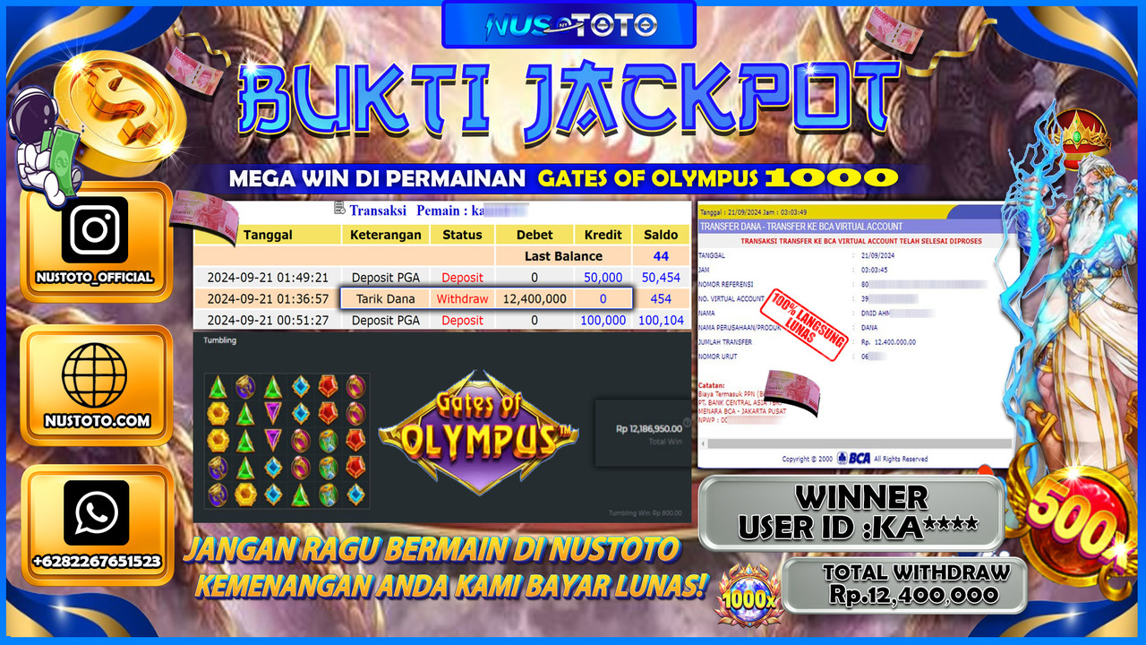 JACKPOT !! MENANG BESAR DI GATES OF OLYMPUS 1000 Rp. 12,400,000 LANGSUNG DI BAYAR LUNAS NUSTOTO !!