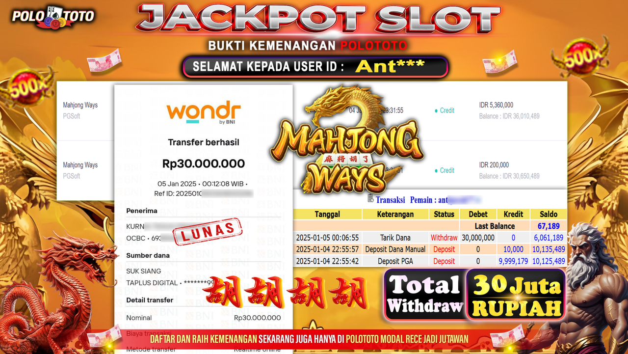 POLOTOTO JACKPOT SLOT MAHJONG WAYS Rp.30,000.000,-
