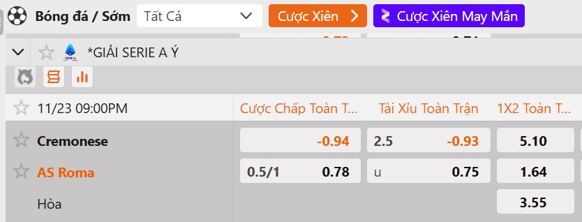Tỷ lệ kèo Cremonese vs AS Roma