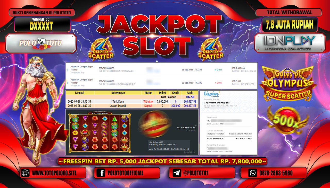 POLOTOTO JACKPOT SLOT GATES OF OLYMPUS SUPER SCATTER Rp.7.800.000,- LUNAS