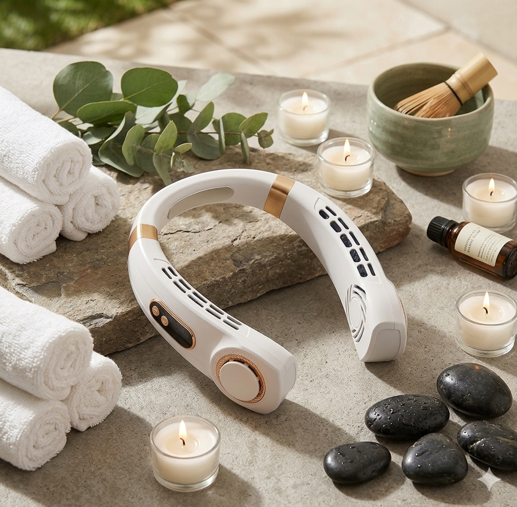 BetterNest bladeless neck fan in a calm spa setting with candles, towels and eucalyptus